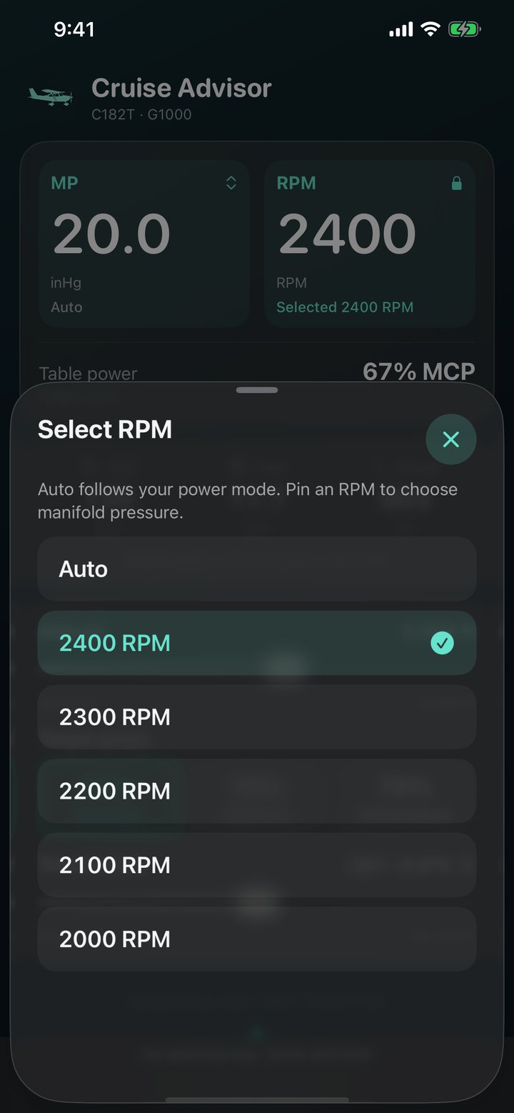 The RPM sheet with 2400 RPM pinned, listing Auto and every RPM from 2400 down to 2000