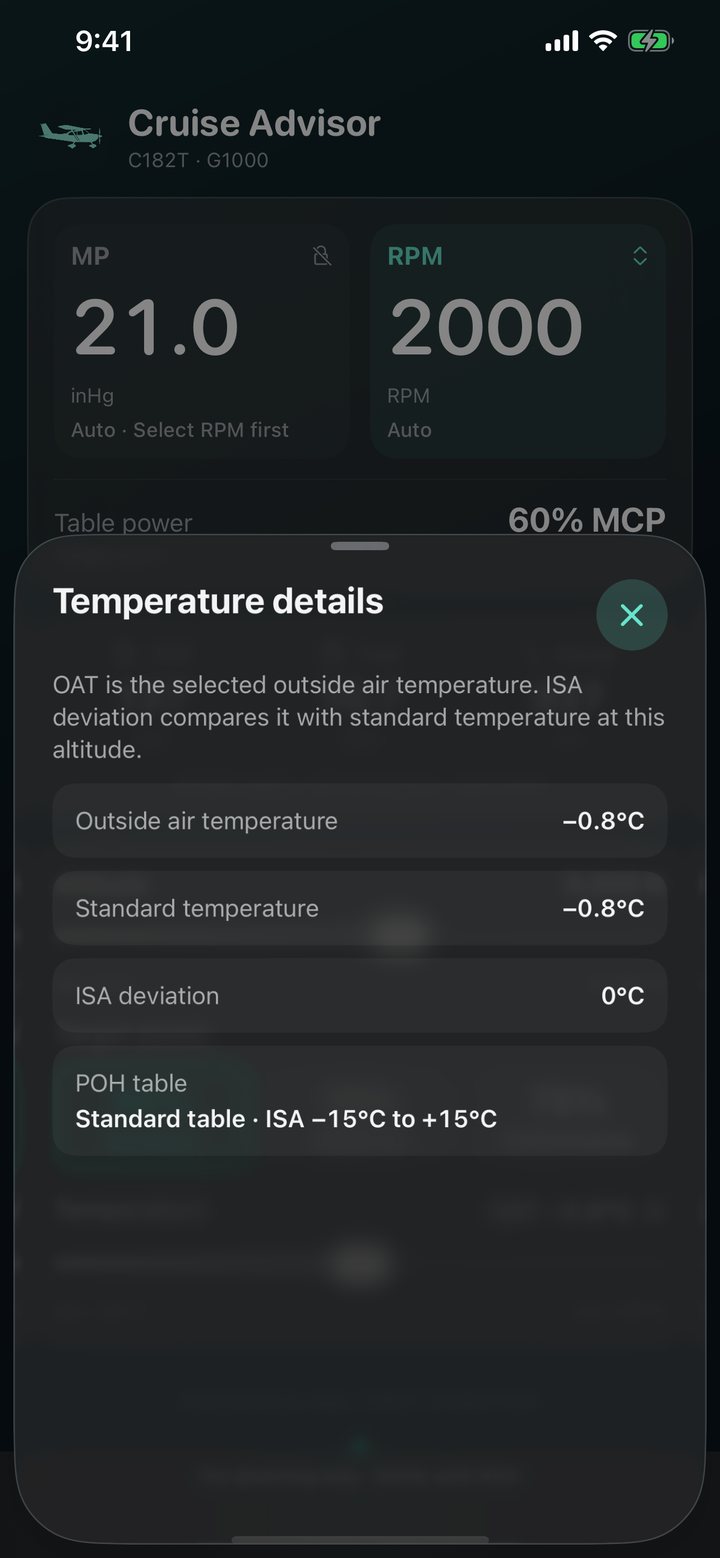 The temperature details sheet showing outside air temperature, standard temperature, ISA deviation and the POH table in use