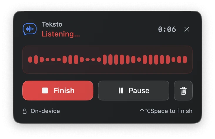Teksto recording, with the live waveform, the timer, and the finish, pause and discard controls