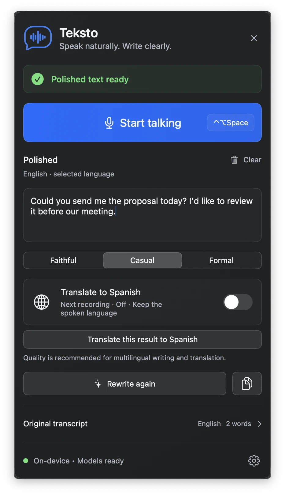 Teksto's main panel after a recording: the polished English text is ready, with the style controls, the Translate to Spanish switch and Rewrite again below