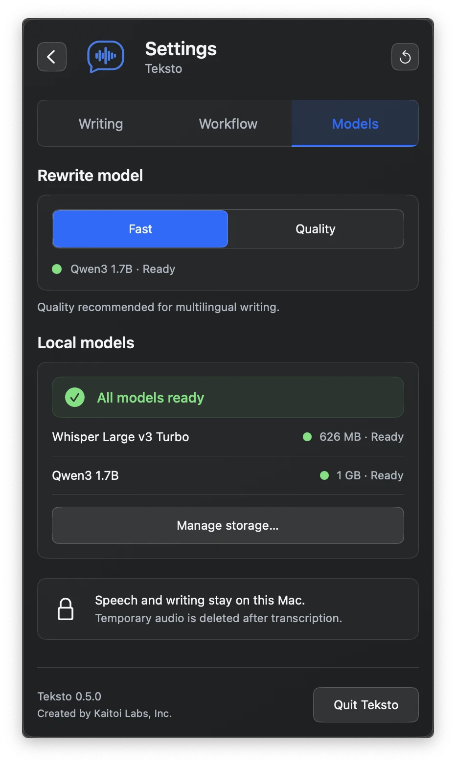 Teksto's Models settings: the Fast rewrite model, Qwen3 1.7B, ready, with Whisper Large v3 Turbo and Qwen3 1.7B stored on the Mac