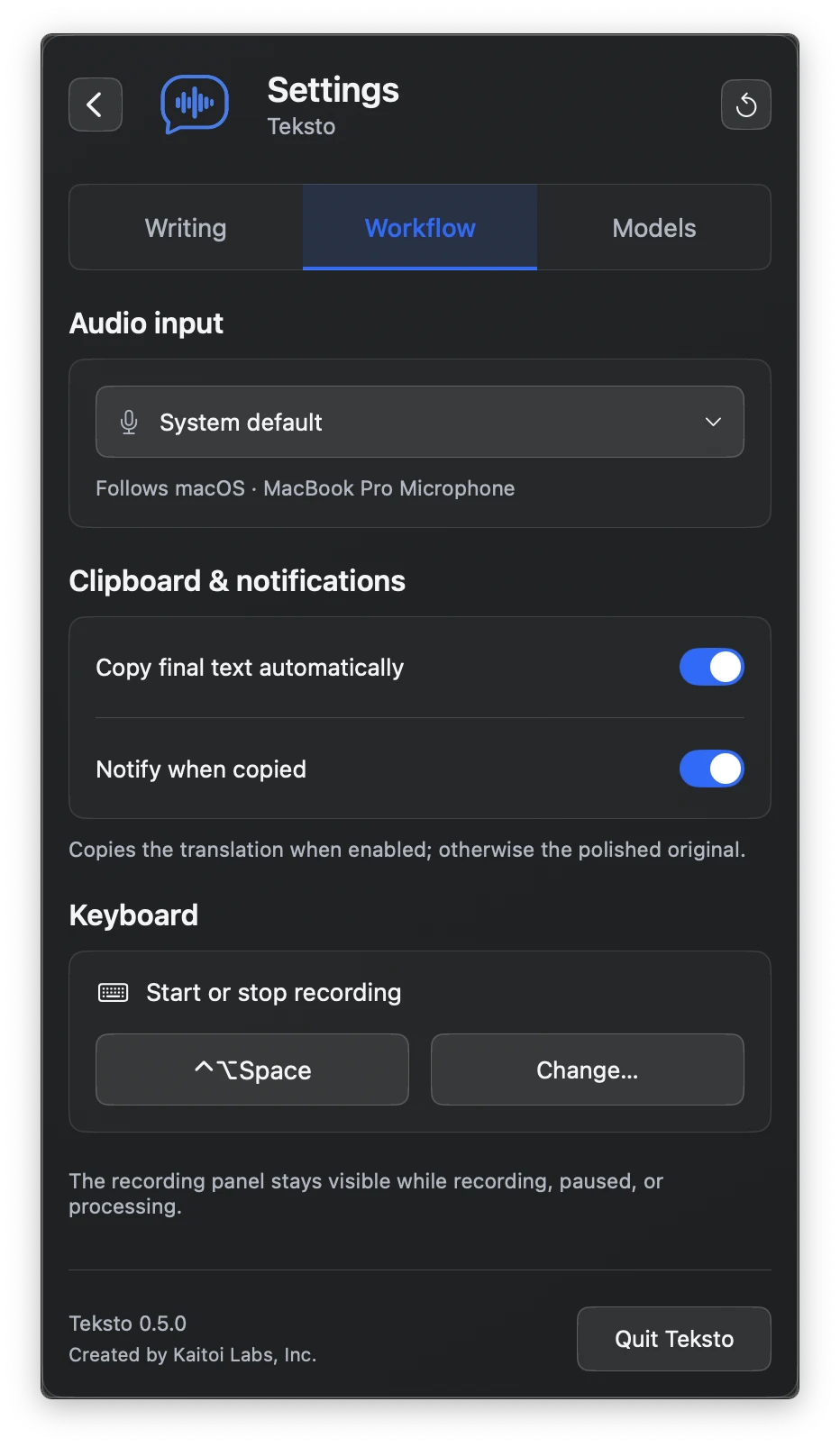 Teksto's Workflow settings: the system default microphone, automatic copy and copy notifications switched on, and the Control Option Space shortcut