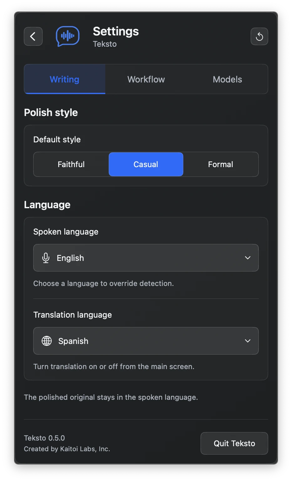 Teksto's Writing settings: Casual as the default style, English as the spoken language and Spanish as the translation language