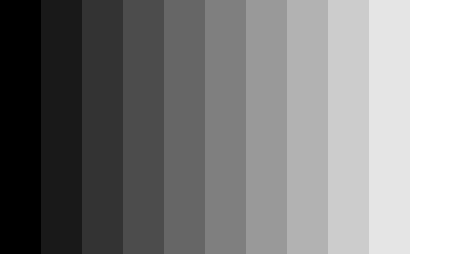 Color Bars output with the grayscale pattern at 640 by 360 pixels