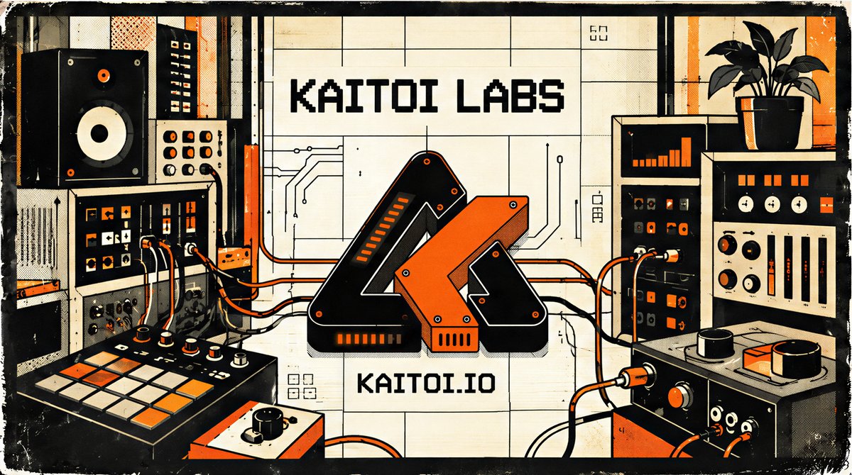 The Kaitoi mark at the centre of an illustrated workbench of lab instruments and patch cables, under the words Kaitoi Labs